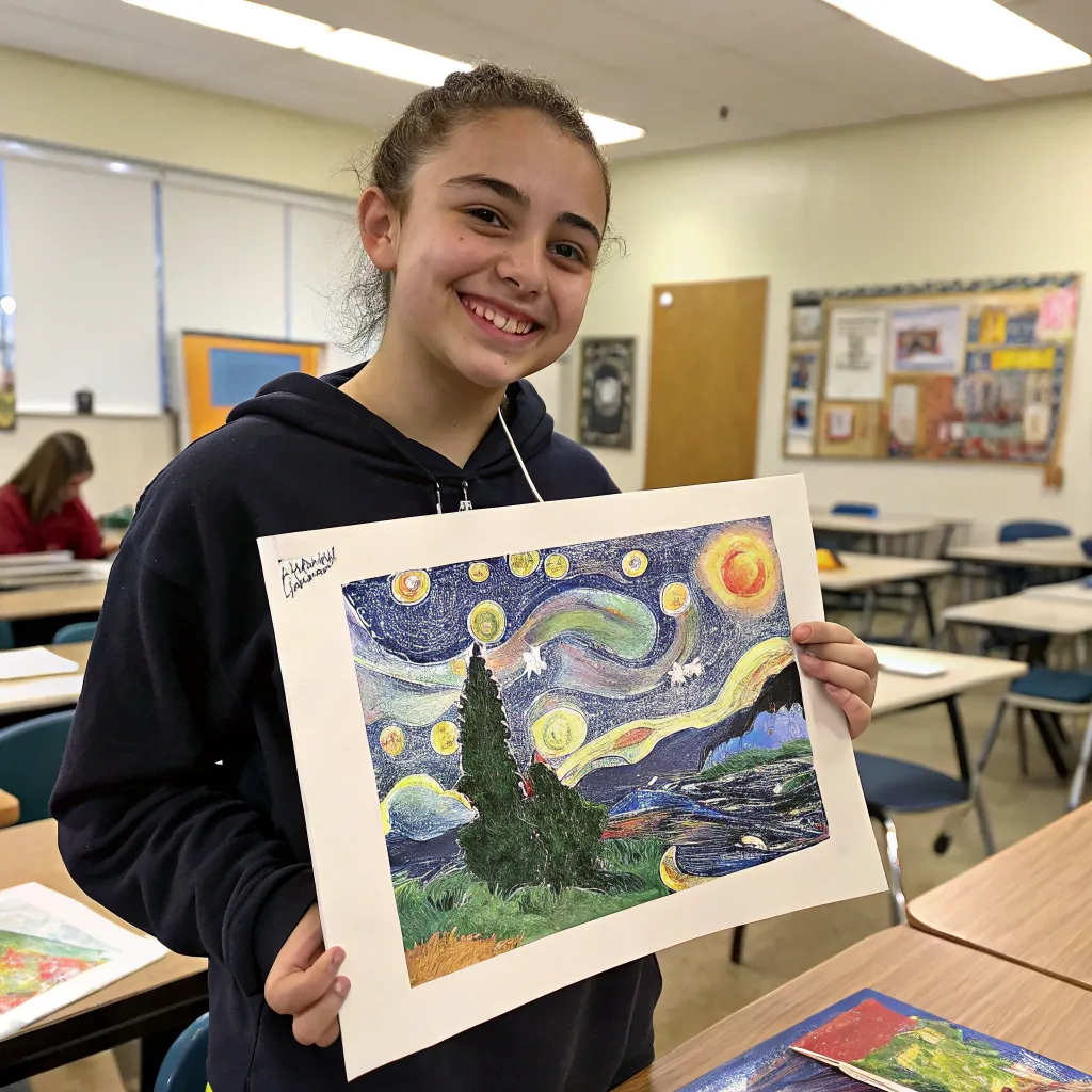Student proudly showing their artwork